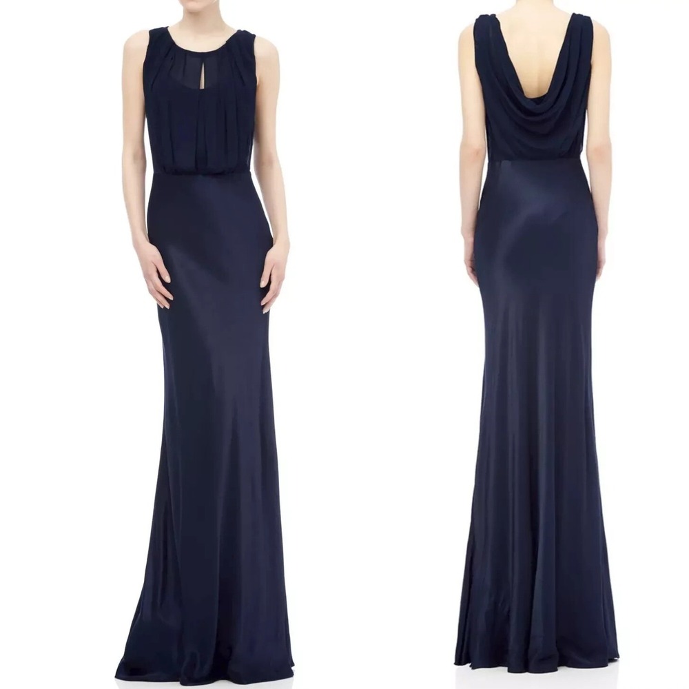 GHOST London Hollywood Claudia Cowl Back Gown Navy Blue Dress Sz L Floor Length